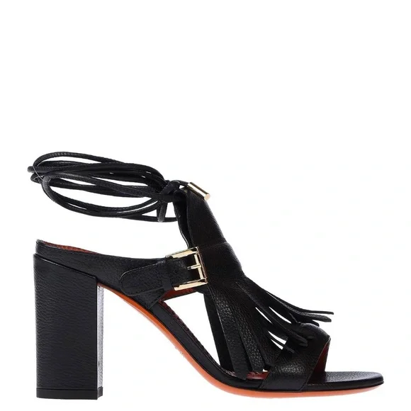 Santoni Black Sandals Fringe Detail Open Toe - Picture 3 of 6